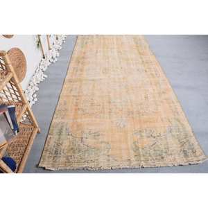 Tapis Turc Vintage 4.2 X 8.6ft Fait à la Main Orange Vert Patchwork Design Laine Viscose Peluche pour Chambre Rectangulaire Couloir Forme - Product Image 4