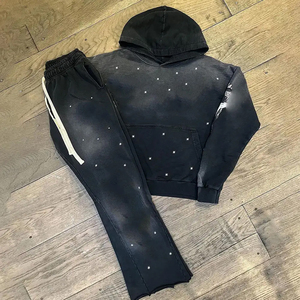 Ropa de calle personalizada, chándal lavado con ácido, sudaderas con cremallera, chándal lavado con ácido, parche desgastado, conjunto de pantalones de chándal acampanados y Sudadera con capucha - Product Image 5