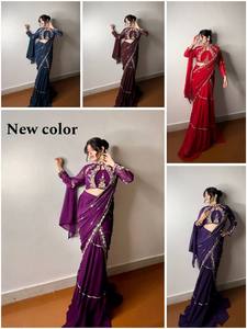 Sari Bollywood, Blouse, Vêtements indiens, Tenue de soirée, Robe de mariée, Designer, Travail de miroir véritable, Haute qualité, Confortable, Faux Georgette, Entièrement - Product Image 5