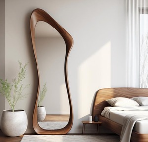 Miroir asymétrique pleine longueur Art Déco en noyer véritable fait main, décoration moderne, prix abordable - Product Image 3