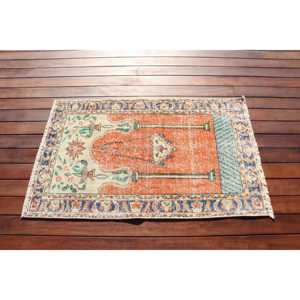 Alfombra Turca Vintage, Pequeña de 2.4x3.8 pies (73x115 cm), Alfombra de Lana con Diseño de Plantas y Árboles Naranjas - Product Image 3