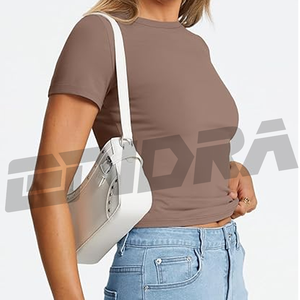 Couleur marron femmes t-shirt marron clair haut basique col rond manches courtes Slim Fit doux coton décontracté minimaliste été tendance - Product Image 3