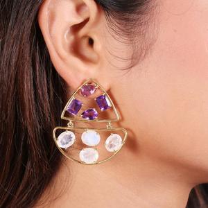 Pendientes de Piedras Preciosas de Amatista y Piedra Lunar Arcoíris Hechos a Mano, Plata de Ley 925, Joyería Chapada en Oro, Pendientes de Moda - Product Image 2