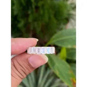 925 Silver Rainbow <b>Moonstone</b> Eternity Band <b>Ring</b> Emerald Cut Boho Style with Rhodium Plating Everyday Wear and Gift Option - Product Image 1