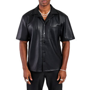 Camisa de Cuero Negra Casual para Hombre, Estilo Urbano, Transpirable, Tejido Sólido de Alta Calidad, Satén, Personalizada, Manga Larga, Sin Cuello - Product Image 1