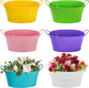 Juego de macetas de flores de Metal de hierro multicolor, para el hogar forma ovalada, jardín al aire libre, maceta de flores decorativa con asas - Product Image 1