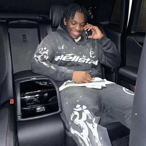 Custom Washed <b>Black</b> 2-Piece Winter <b>Joggers</b> Tracksuit Crop Top Flared Sweatpants Plus Size 100% Cotton Seamless Lightweight Solid - Product Image 2