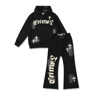 Ensemble sweat à capuche et pantalon de survêtement décontracté style High Street pour hommes automne/hiver sérigraphie croix et lettres - Product Image 2