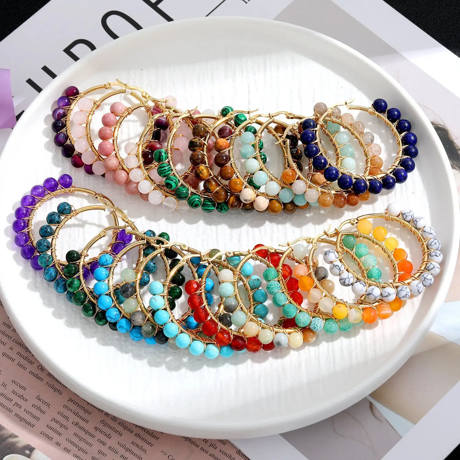 Dainty Handmade Charm Beaded Earrings Colorful Natural Gemstone Temperament Bohemian Crystal Hoop Earrings for Women Girls