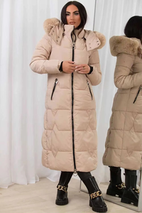 Veste d'hiver matelassée pour femme en duvet, avec capuche en fausse fourrure, fermeture éclair intégrale, style puffer, beige, sur mesure, vente en gros - Product Image 2
