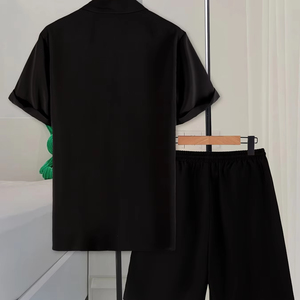 Trajes de 2 piezas de verano para hombre, Tops de manga corta + Pantalones cortos, Polo de Color sólido, cuello de solapa, botón, pantalones cortos de cintura elástica para hombre - Product Image 4