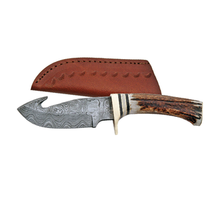 Couteau de chasse à crochet damas fait main de taille personnalisée couteau de chasse d'extérieur à lame fixe avec gaine en cuir - Product Image 3