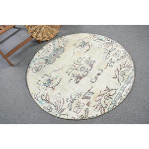 Alfombra Turca Vintage, Redonda de 4x4 pies, Alfombra de Lana con Diseño de Parches Blancos y Azules - Product Image 1