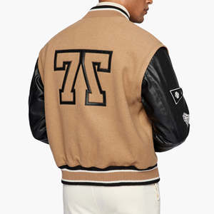 Chaqueta universitaria de lana personalizada OEM para hombre con parches bordados Diseño de retazos Sin cuello Street Baseball Letterman Bomber - Product Image 4