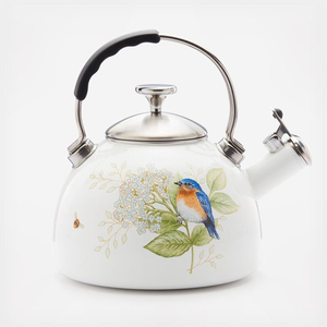 Tetera de acero esmaltado blanco con hermosos gráficos de acuarela de pájaros azules y flores, excelente menaje de cocina, a precios mayoristas. - Product Image 1