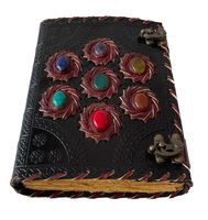 Journal en cuir vintage personnalisé fait main avec reliure thermique et sept pierres des chakras pour l'éducation, les secrets, les grimoires – Cadeau unique