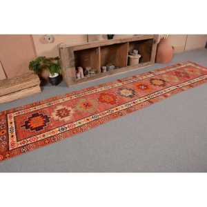 Tapis Kilim turc vintage 2,8x12.3 pieds rouge vert Patchwork laine Latex support Style classique pour entrée chambre 10mm d'épaisseur - Product Image 5