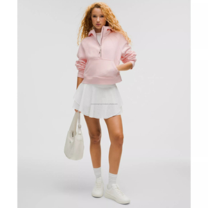 Sudadera con capucha y media cremallera con forro polar para mujer de alta calidad OEM, Top corto de manga larga con agujeros para pulgar, sudadera de entrenamiento con capucha con cremallera - Product Image 2