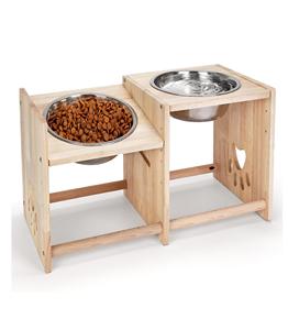 Double <b>Dog</b> <b>Bowl</b> <b>Stand</b> <b>with</b> Stainless Steel <b>Bowl</b> Bevel <b>Dog</b> Food <b>Stand</b> Adjustable High(5.1-10.2"), Wooden Elevated <b>Dog</b> <b>Bowl</b> Holder - Product Image 1