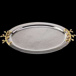 Bandejas para servir chocolate plateado martillado niquelado elegante de lujo de Venta caliente con mango de hoja de oro - Product Image 1