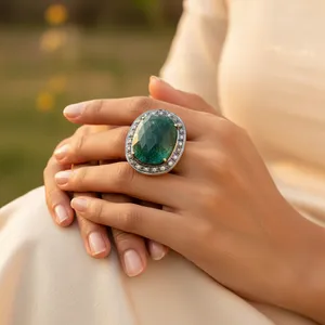 Anillo Vintage Chapado en Oro para Mujer, con Esmeralda, Diamante, Halo de Perlas, Certificado IGI, Estilo Clásico, Joyería de Boda, Diseño Floral - Product Image 3