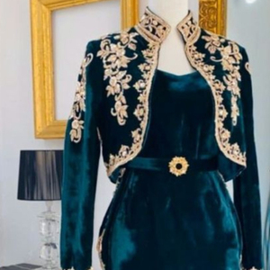 NEW--JACKET DRRSSS ON VELVET FABRIC WITH STUNNING EMBELLISH OF CRYSTAL BEADS,GLASS STONE, DABKA WORK @ 2022 - Product Image 1