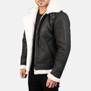 GLOBAL LEATHER Men's Distressed <b>Sheepskin</b> Leather Bomber <b>Jacket</b> High Quality Winter Wear Breathable Embroidered Standing Collar - Product Image 2