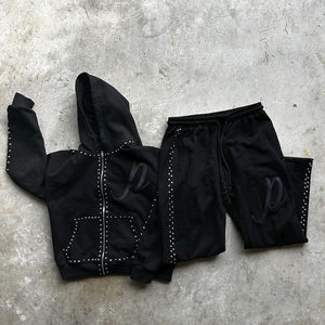 ชุดวอร์มมีฮู้ดปักโลโก้ตามสั่ง ผู้ชาย/ผู้หญิง สไตล์สตรีทแวร์ ประดับคริสตัล ทรงปกติ ฮิปฮอป มีเชือกผูก สำหรับฤดูหนาว - Product Image 1