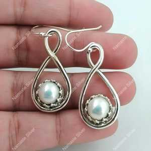 Pearl Drop <b>Earrings</b> 925 Sterling Silver: Handmade Infinity <b>Dangle</b> - Product Image 6