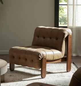 Fauteuil lounge moderne de luxe sans accoudoirs avec revêtement en cuir capitonné et pieds en teck massif - Product Image 2