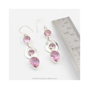 Pendientes Colgantes de Plata de Ley 925 con Cuarzo Rosa, Joyería de Plata Hecha a Mano, Precio al por Mayor, Proveedores a Granel de la India - Product Image 1