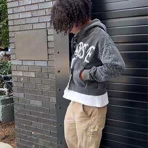 Sudaderas con capucha de algodón para hombre personalizadas, ropa de calle de gran tamaño de 500g/m2, bordado desgastado, diamantes de imitación de peso pesado, sudadera con cremallera completa para hombre - Product Image 6