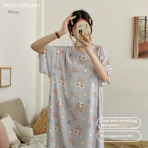 Camisón de Seda de Hielo para Mujer, Estampado de Osito, Manga Corta, Ropa de Dormir Transpirable de Secado Rápido, Talla Grande, Ropa para el Hogar - Product Image 1