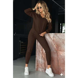Ensemble deux pièces pour femme, chemisier à manches longues et col en V en viscose à deux fils et pantalon, 37568 - Café - Product Image 1