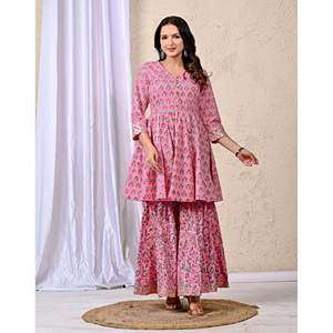 Conjunto de Vestido Sharara de Algodón Popelín Amarillo con Estampado Floral para Mujer, Top y Pantalón - Product Image 3