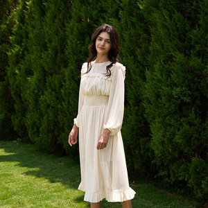 Abito <span class=keywords><strong>Boho</strong></span> <span class=keywords><strong>Chic</strong></span> 2026 con Maniche Lunghe, Collo Tondo, Vita Alta Arricciata e Pizzo, <span class=keywords><strong>Vestito</strong></span> Midi Bohémien per Donne - Product Image 5