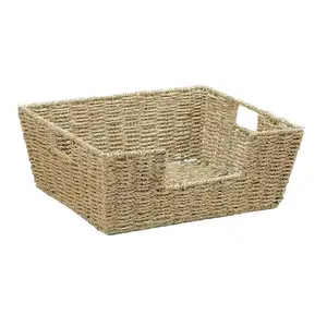 Custom Open Front Storage Bins for Organizing Shelf Kitchen Snack Hand Woven Large Seagrass Wicker Organizer Baskets