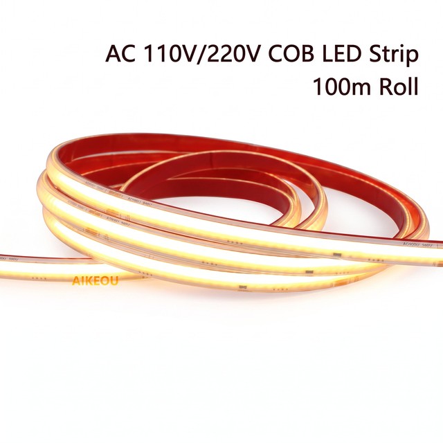 AC 110V 220V COB LED Strip Light, IP65 Waterproof 100m Roll, 296 LEDs/m High Voltage Linear Light for Outdoor Projects