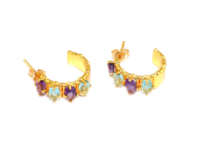 Boucles d'oreilles créoles plaquées or 24 carats avec pierres précieuses en améthyste, topaze bleue et quartz, forme rectangulaire, style féminin, vente en gros de bijoux en vrac