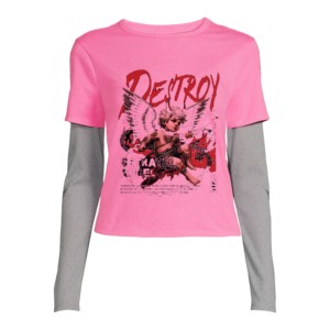 Camiseta personalizada de dos colores con cuello en V y doble capa para mujer, camiseta transpirable de manga larga con caja ancha en blanco para niñas - Product Image 2