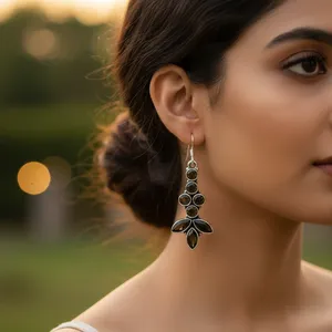 Vintage Gold Plated 925 <b>Silver</b> Onyx Drop Earrings Women's Classic Plant Pattern Bezel Setting <b>Wedding</b> Jewelry - Product Image 1