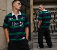 Desain Asli Bordir Logo Kustom Kaos Rugby Retro Sublimasi Kontras Bergaris Kerah Polo Lengan Panjang Jersey Rugby