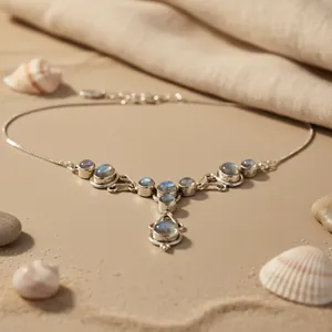 Collier pendentif en argent 925 plaqué rhodium pour femme, pierre de lune, chaîne serpent, forme géométrique, style vintage, usage quotidien - Product Image 1