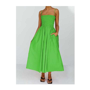 Elégante robe mi-longue en lin à bretelles et design évasé pour le travail et l'usage quotidien - Product Image 1