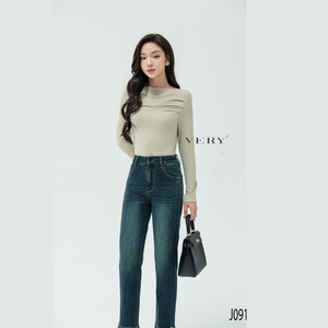 Pantalones vaqueros ajustados de pierna recta de estilo Vintage de cintura alta para mujer Pantalones tejidos formales de patrón sólido para la vida informal de primavera - Product Image 1