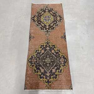Turkish Rug, Small 1.7x4.4 ft Vintage Rug, <b>Brown</b> Bordered <b>Wool</b> Rug - Product Image 1