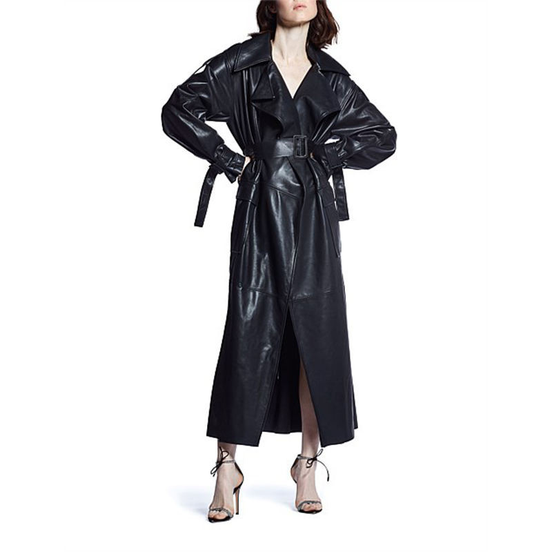 Stylish Women's Sheep Leather Denim Vintage Long Coat Custom Color Quick Dry Breathable Winter Outerwear Zipper Closure Trench