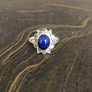 Sterling Silver 925 Unisex <b>Lapis</b> <b>Lazuli</b> Stylish Vintage <b>Ring</b> Trendy Flower Shape Wear Any Occasion - Product Image 1