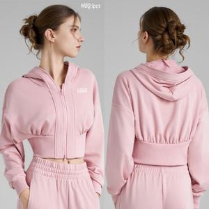 New Style <b>Women</b> Winter Printed Short Crop Top <b>Hoodie</b> Solid Color Casual Streetwear Customizable Fabric Hooded Short Zipper - Product Image 6