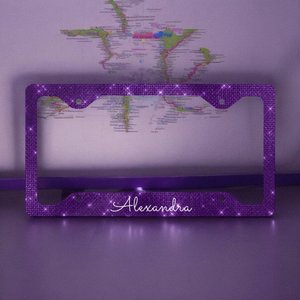 Cadre de plaque d'immatriculation monogramme scintillant violet girly pour Tesla BMW Audi Abarth-A6 A4, en acier inoxydable - Product Image 1